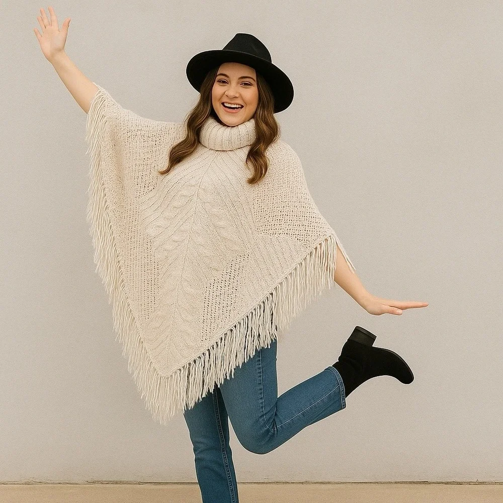 Altar'd State XS Cream Knit Fringe Poncho Sweater Cowl Neck Boho Cozy Fall
